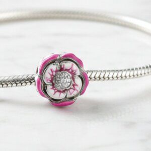 Sterling Silver Pink Enamel with Cubic Zirconias Floral Charm